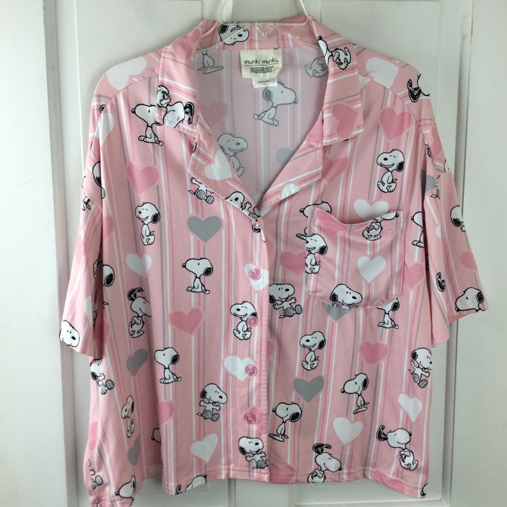 Munki Munki Peanuts Snoopy Pajama Top Striped Hearts Love